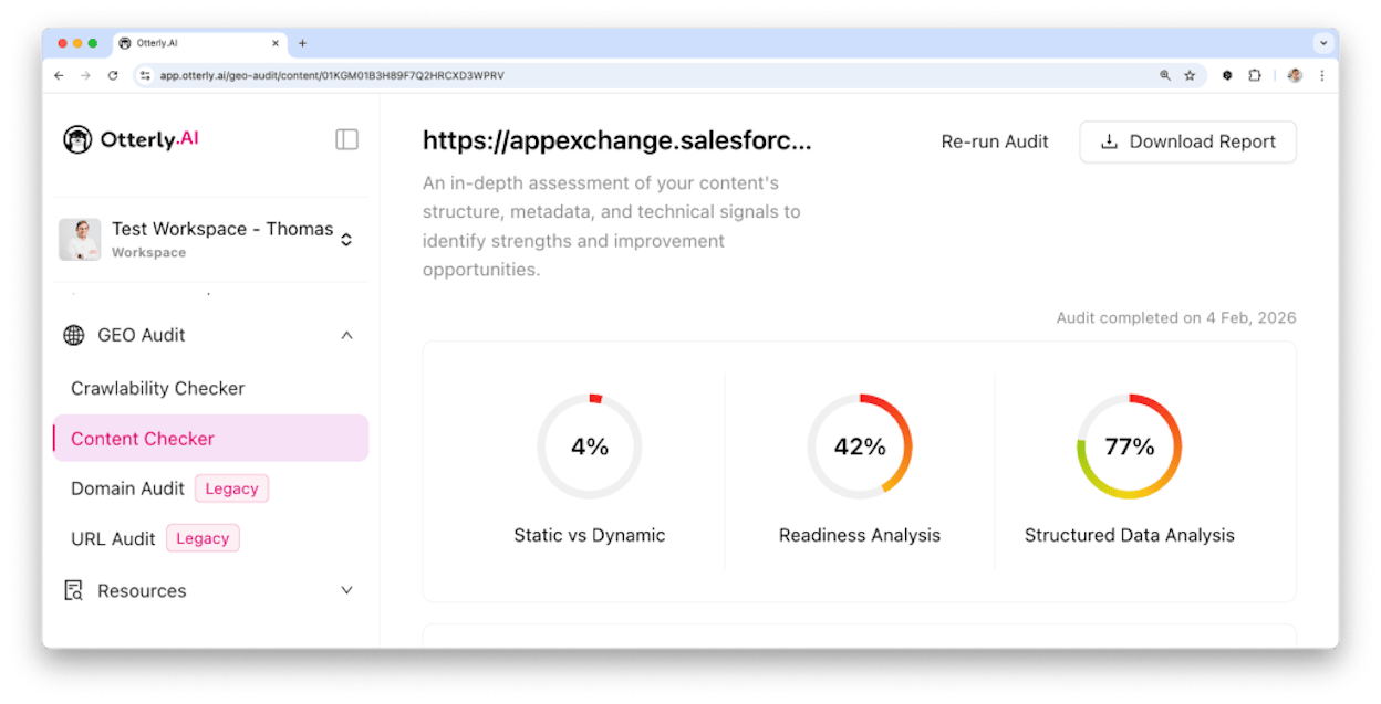 Otterly&rsquo;s GEO Audit showing on-page factors scored across multiple URLs