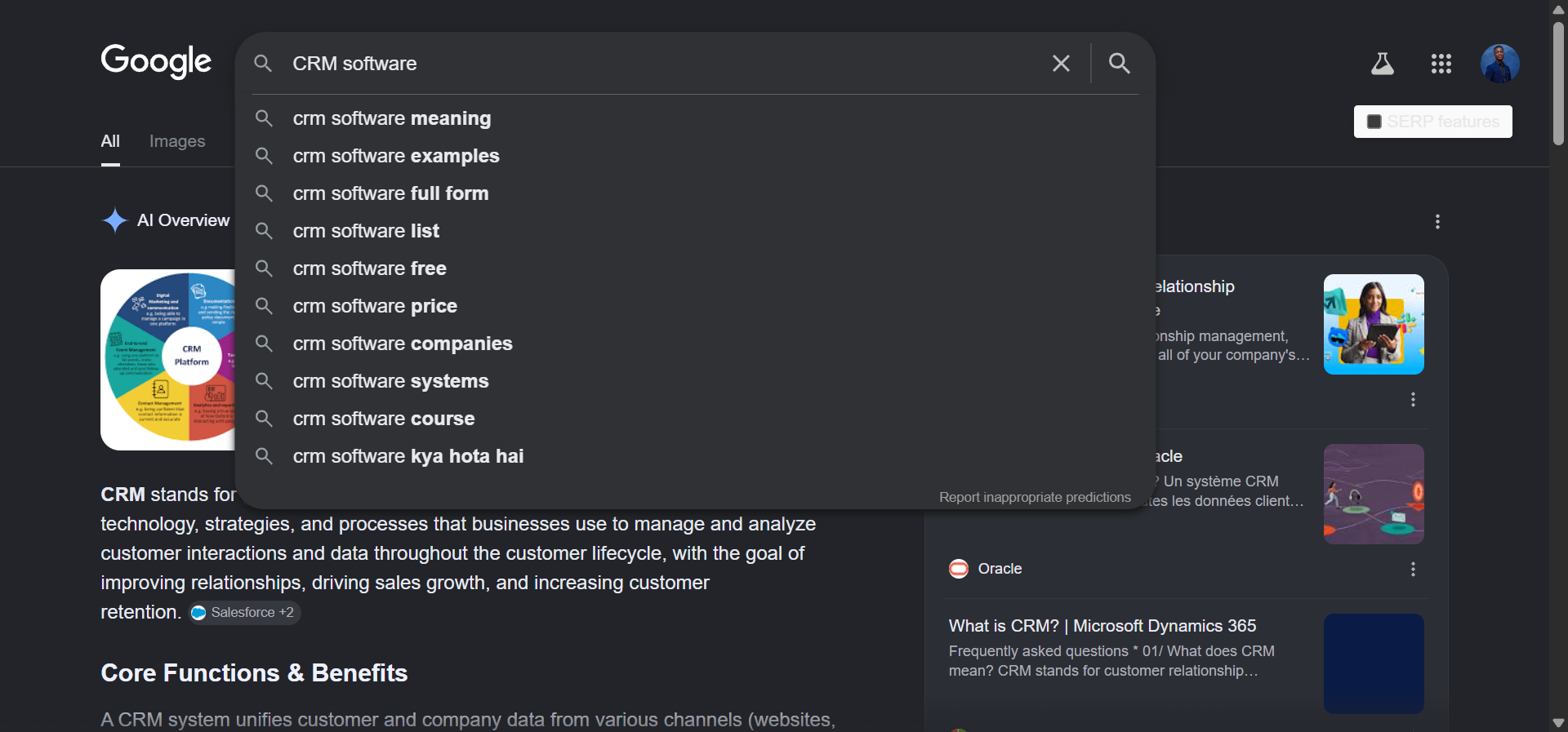Google Autocomplete dropdown showing suggestions when typing “CRM software”