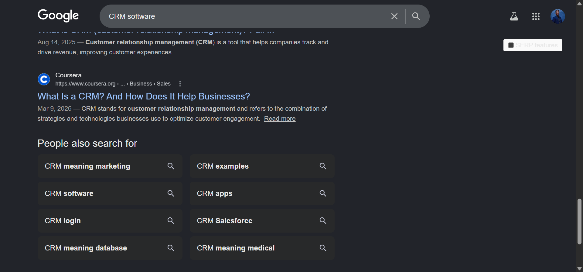 Google’s Related Searches box at the bottom of a SERP for “CRM software”