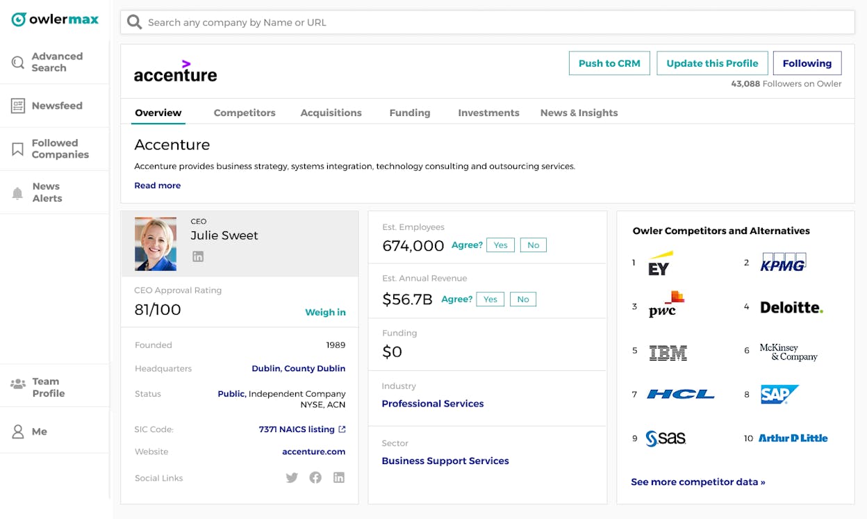 Owler company snapshot with funding and leadership events