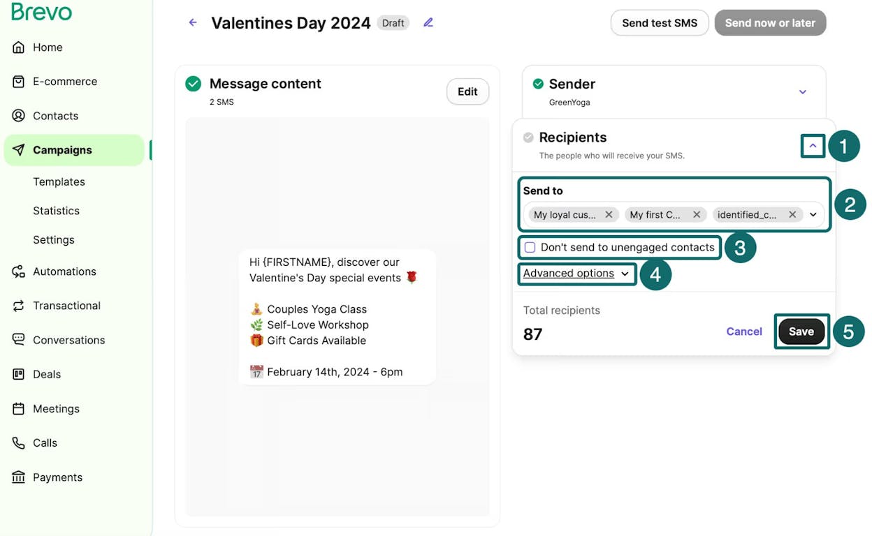 Brevo dashboard showing email, SMS, and WhatsApp channels in a single workspace