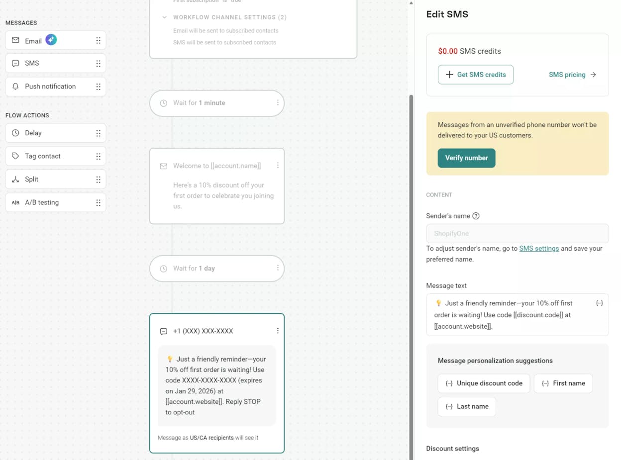 Omnisend abandoned cart workflow with email, SMS, and push notification steps
