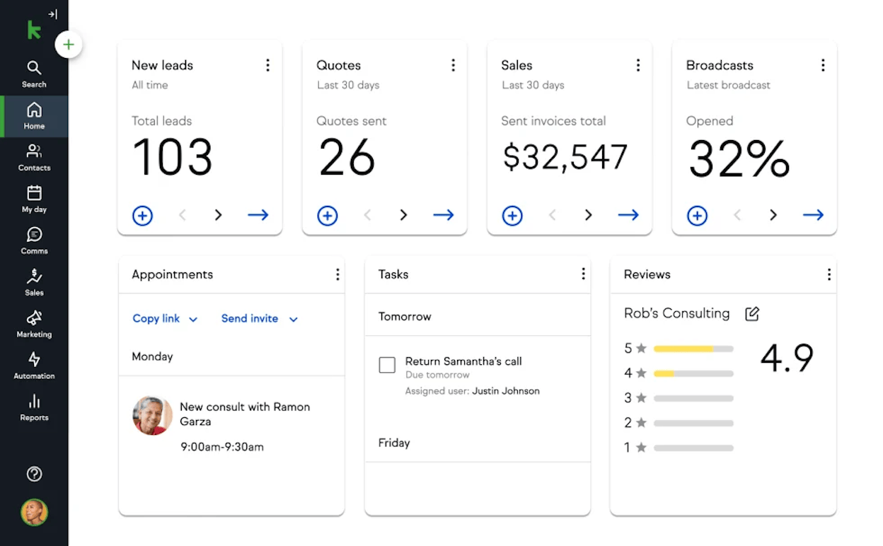 Keap pipeline view with deal stages, automated follow-ups, and an appointment calendar in the side panel