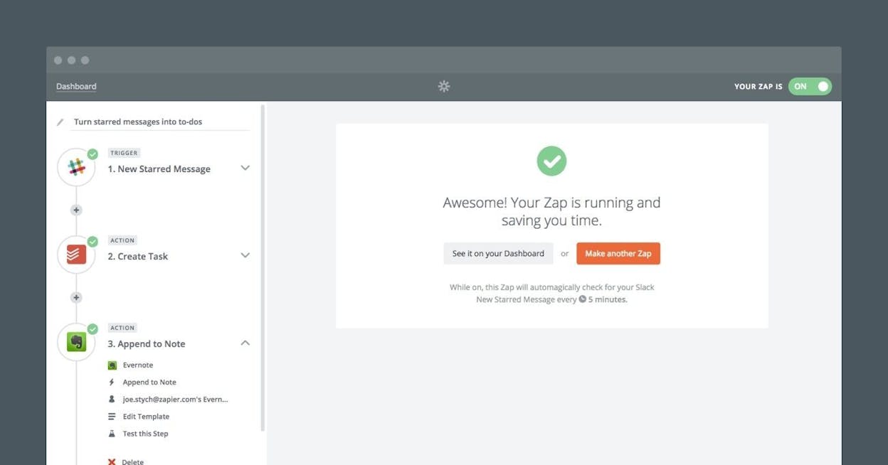 Zapier multi-step zap editor showing a trigger and three actions, sourced from zapier.com