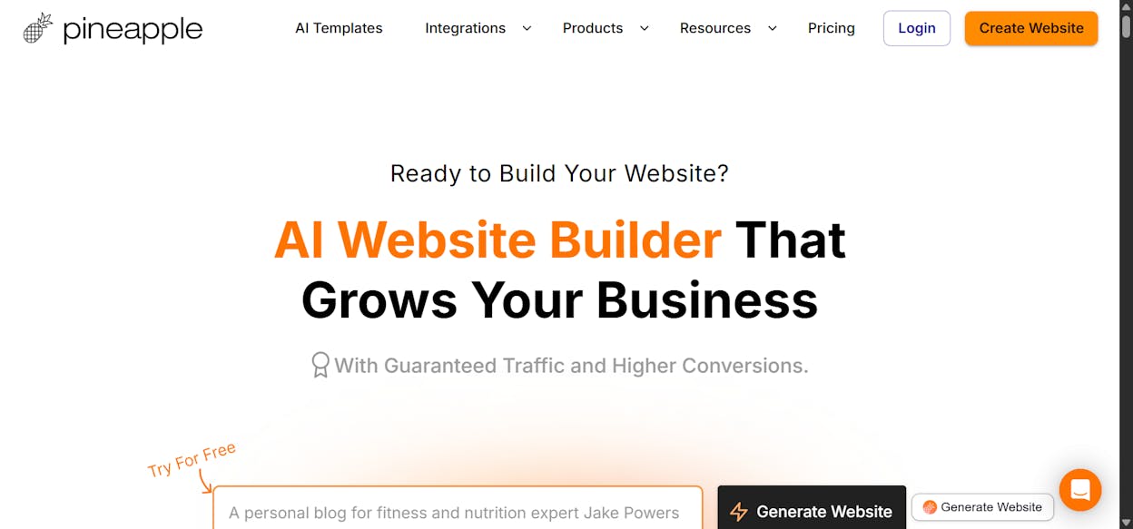 Pineapple Builder AI prompt screen generating a site from a short business description, sourced from pineapple.builder