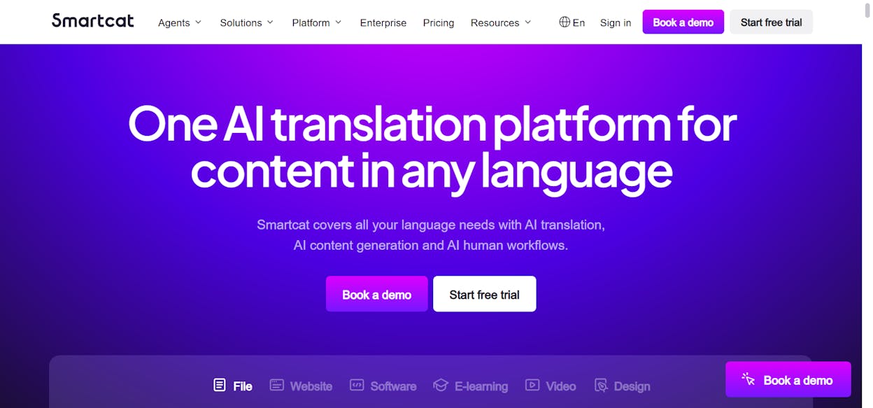 Smartcat translation memory dashboard with a glossary editor open, sourced from smartcat.com