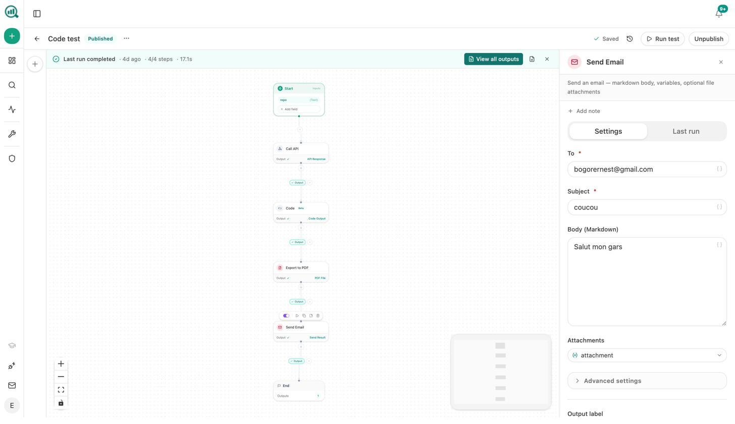 Agent Builder showing a Send Email node configuration with markdown body, attachments, and recipient settings