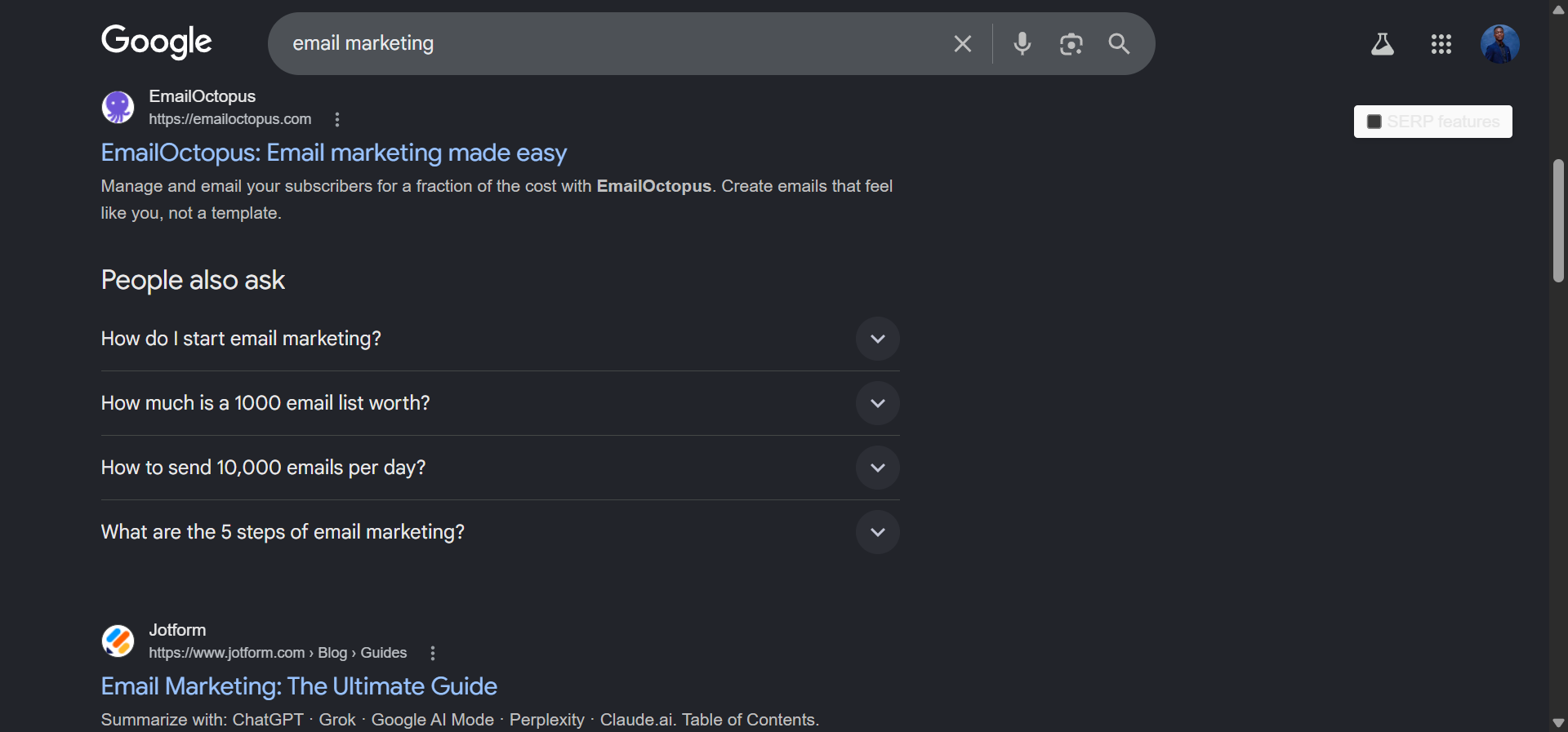 Google search results page for “email marketing” with the People Also Ask section expanded showing 4 related questions