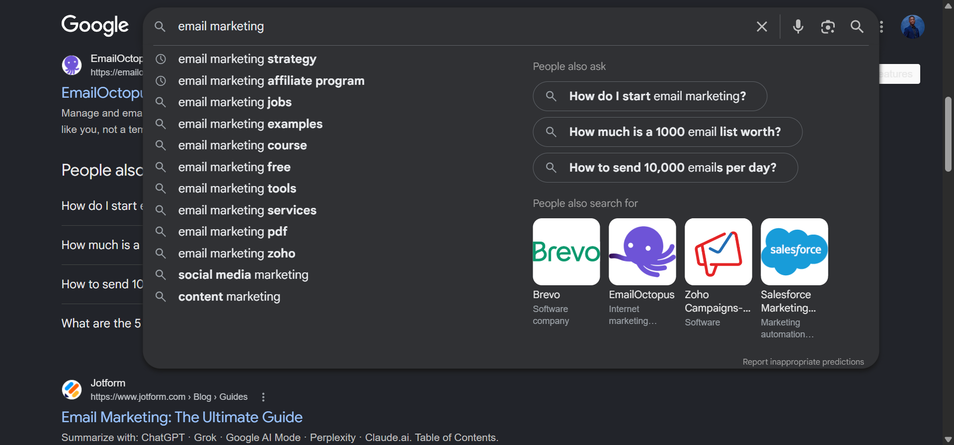Google Autocomplete suggestions appearing for a partial query like &ldquo;email marketing for&rdquo;]