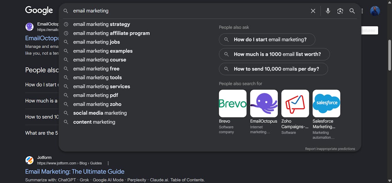 Google Autocomplete suggestions appearing for a partial query like &ldquo;email marketing for&rdquo;]