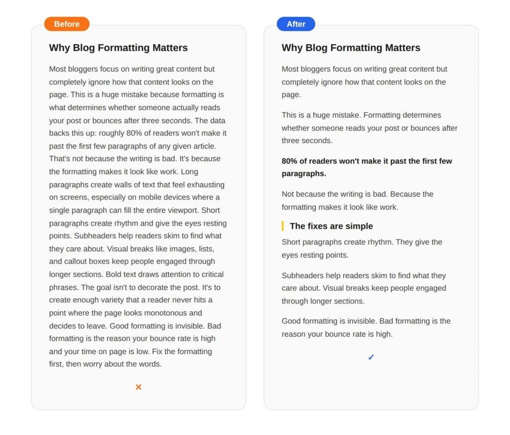 Example article showing clean structure, with bolded H2s, three-sentence paragraphs, and a comparison table breaking up a wall of text