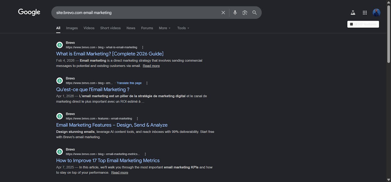 Google site search query &ldquo;site:yoursite.com email marketing&rdquo; showing existing pages that could link to a new article on the topic]