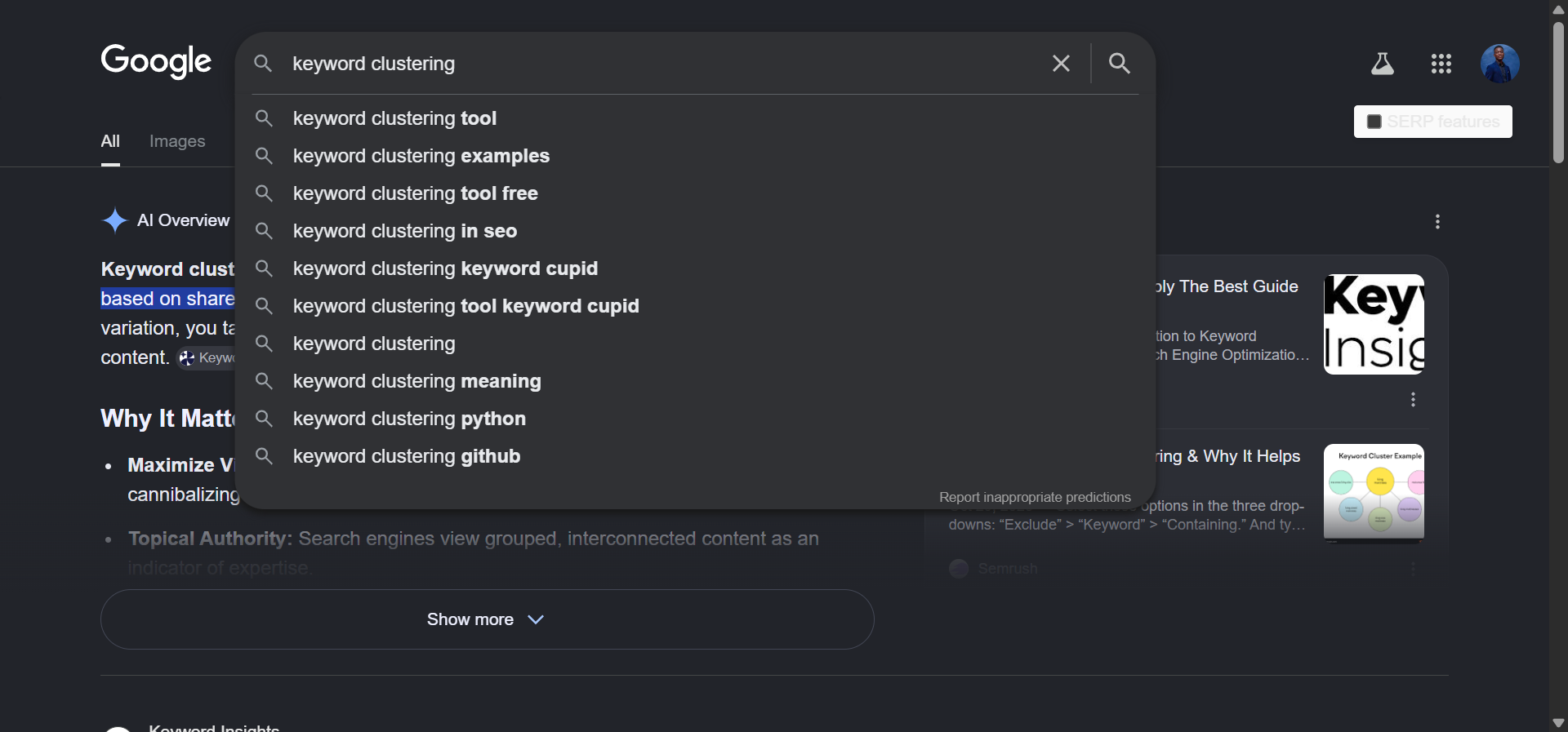 A Google Autocomplete dropdown for “keyword clustering” showing all the suggested completions