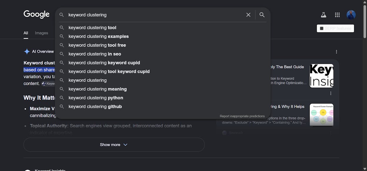 A Google Autocomplete dropdown for “keyword clustering” showing all the suggested completions