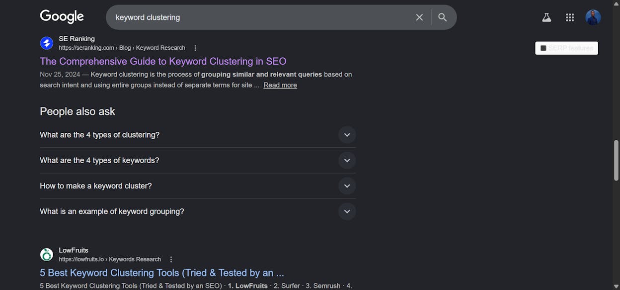 Google &ldquo;People Also Ask&rdquo; expanded box for &ldquo;keyword clustering&rdquo; showing four related questions