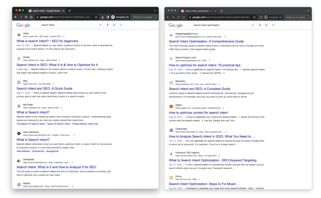 Google SERP screenshots for two similar keywords with the overlapping results highlighted