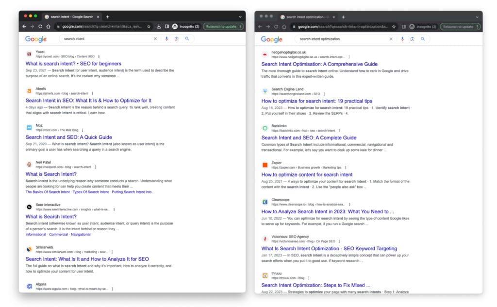 Google SERP screenshots for two similar keywords with the overlapping results highlighted