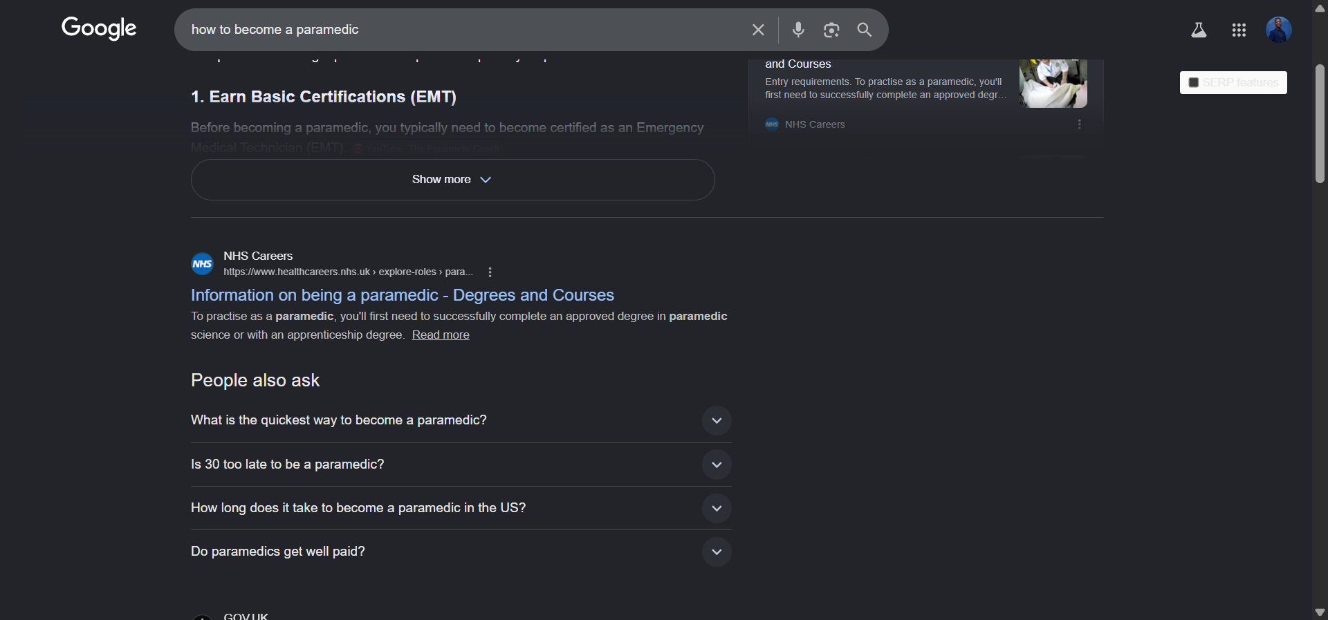 SERP for “how to become a paramedic” showing a PAA box near position #2