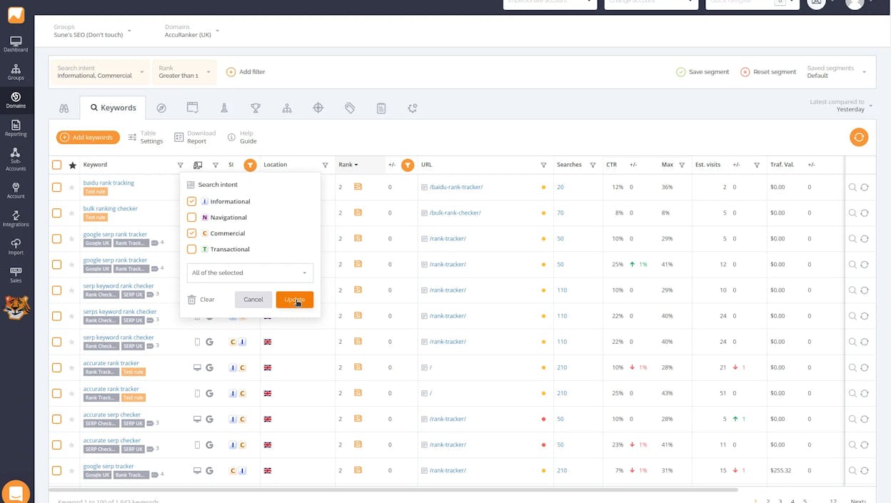 AccuRanker dashboard showing keyword rankings with on-demand refresh, SERP feature annotations, and competitor graph