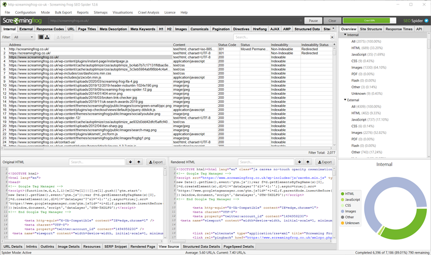 Screaming Frog crawl results showing status codes, meta data, and response times