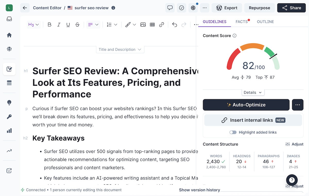 Surfer SEO content editor showing content score, term suggestions, and structure guidelines