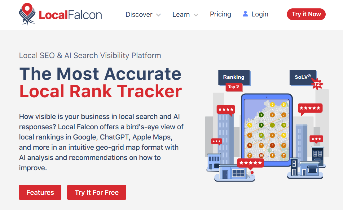 Local Falcon geo-grid heatmap showing local pack rankings by location