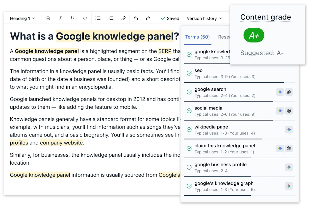 Clearscope editor showing content grade and keyword panel