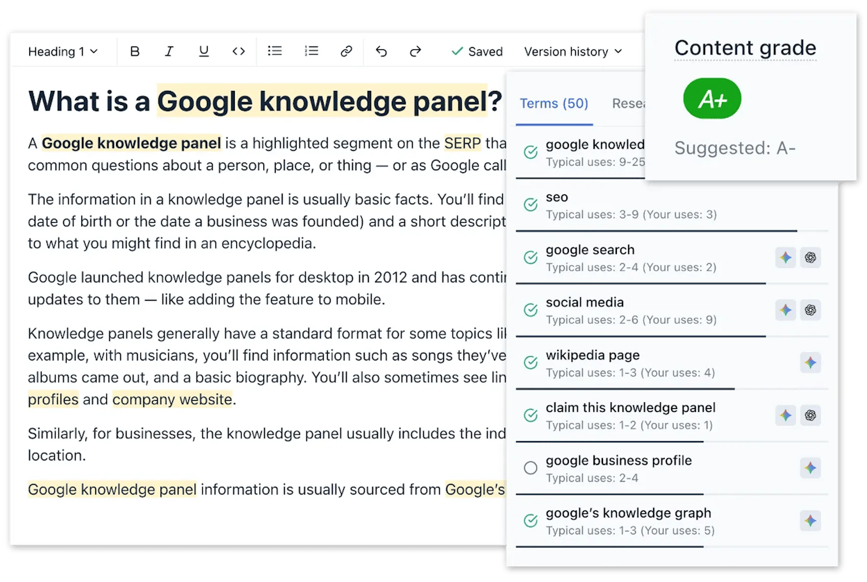 Clearscope editor showing content grade and keyword panel