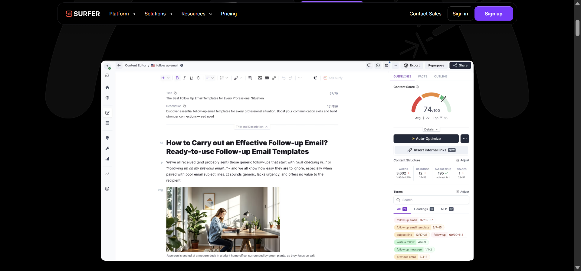 Surfer SEO content editor showing Content Score and term suggestions