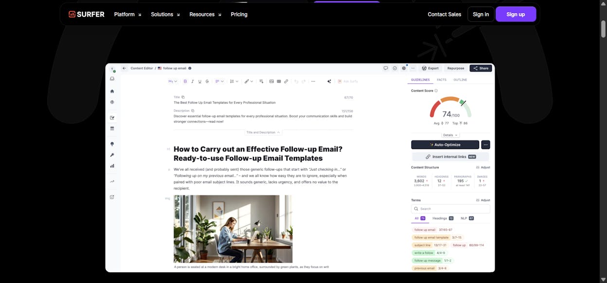 Surfer SEO content editor showing Content Score and term suggestions