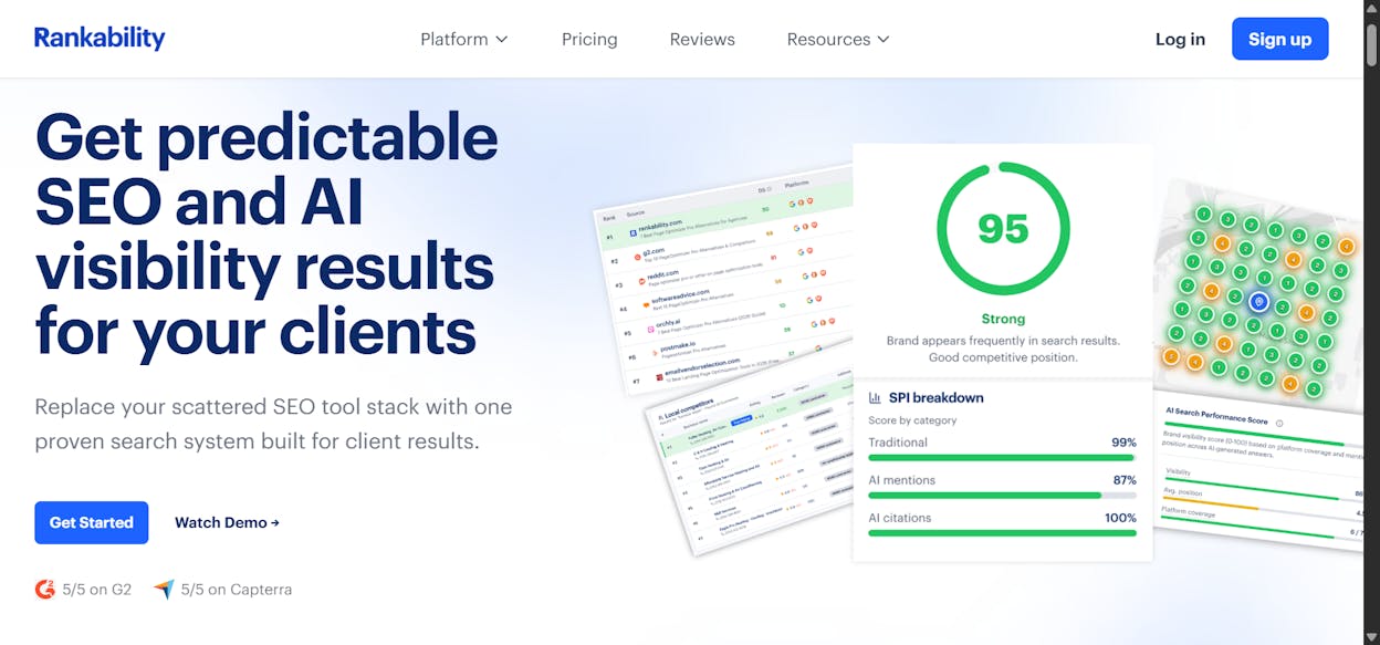 Rankability AI Analyzer dashboard showing AI visibility metrics