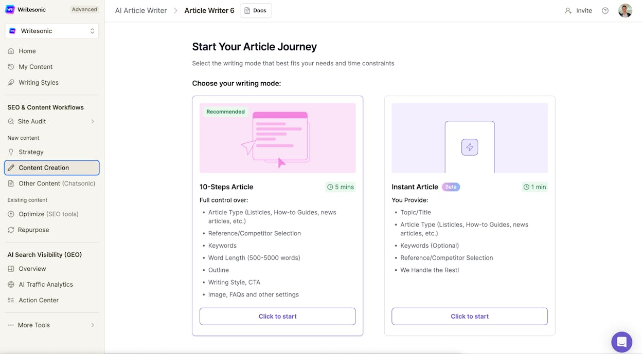 Writesonic&rsquo;s Article Writer showing SEO optimization suggestions and keyword checker