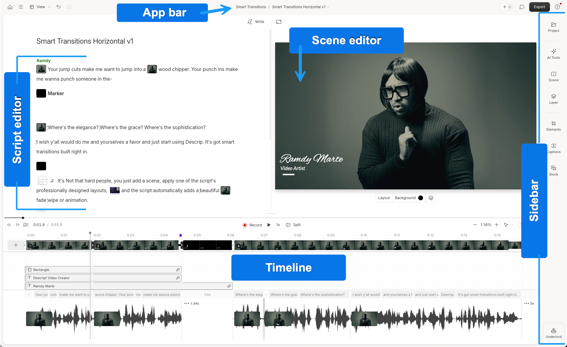 Descript text-based video editing interface