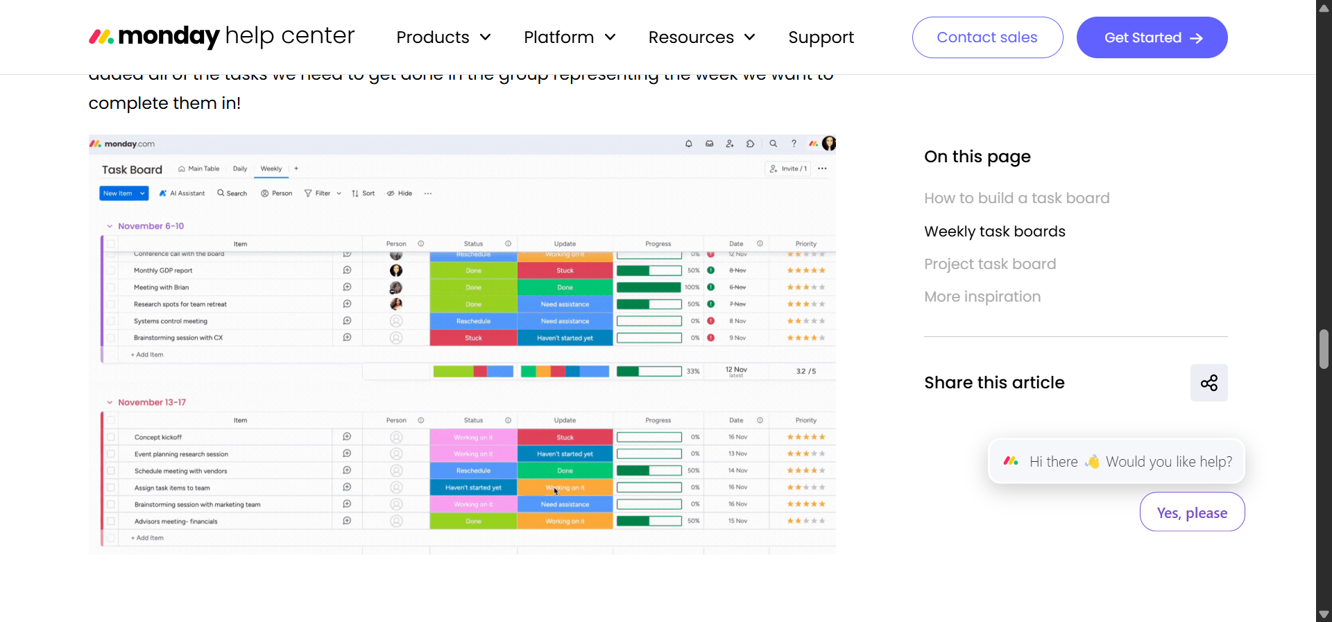 Monday.com visual board with task assignments and timeline view