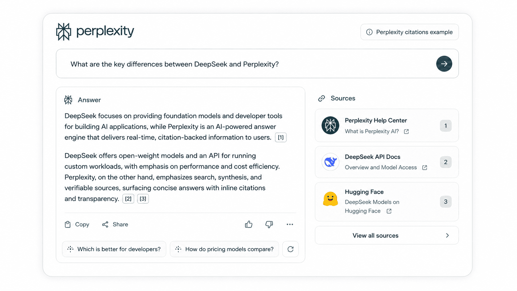 Perplexity AI showing citation-backed research results