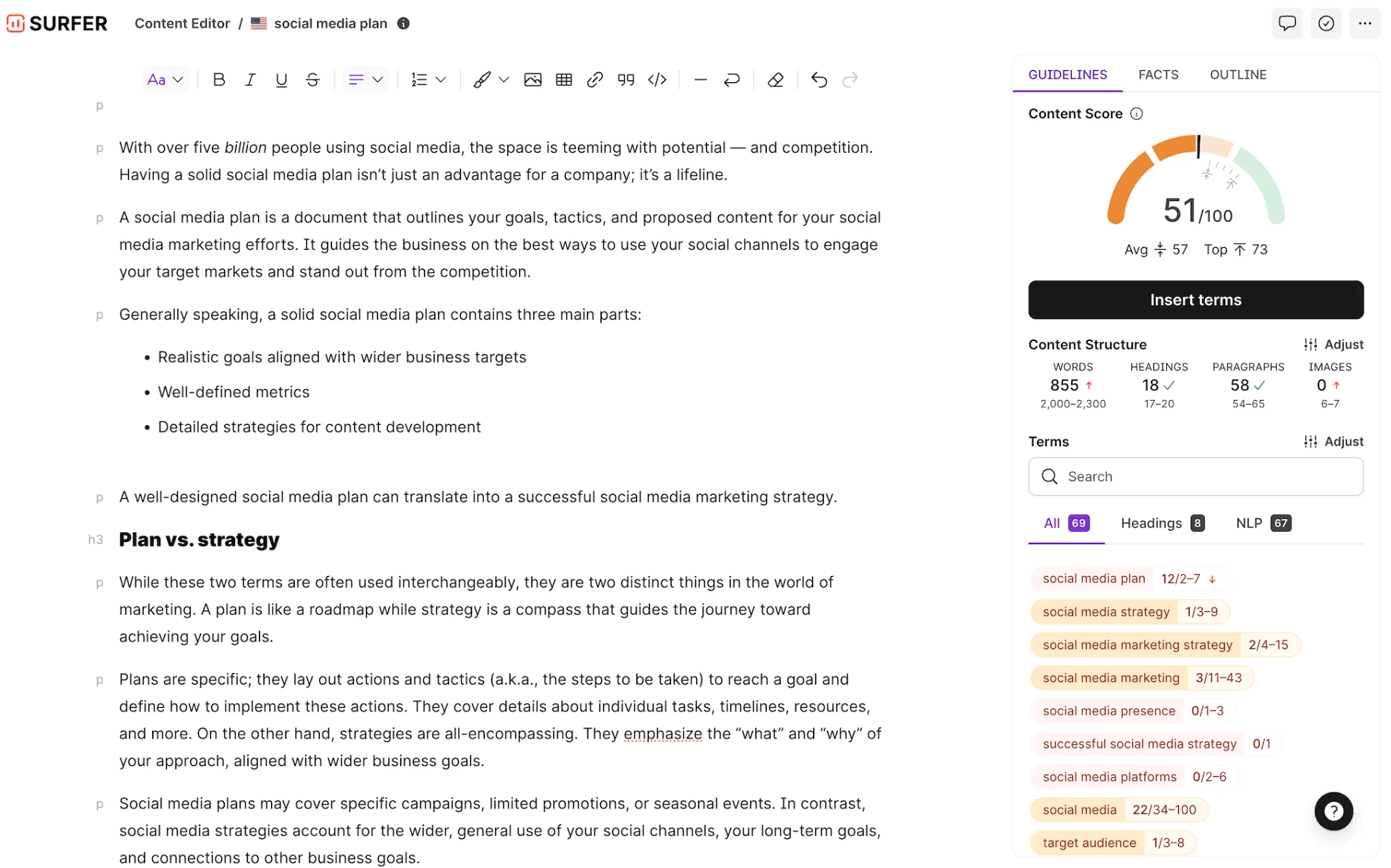 Surfer SEO Content Editor showing real-time optimization