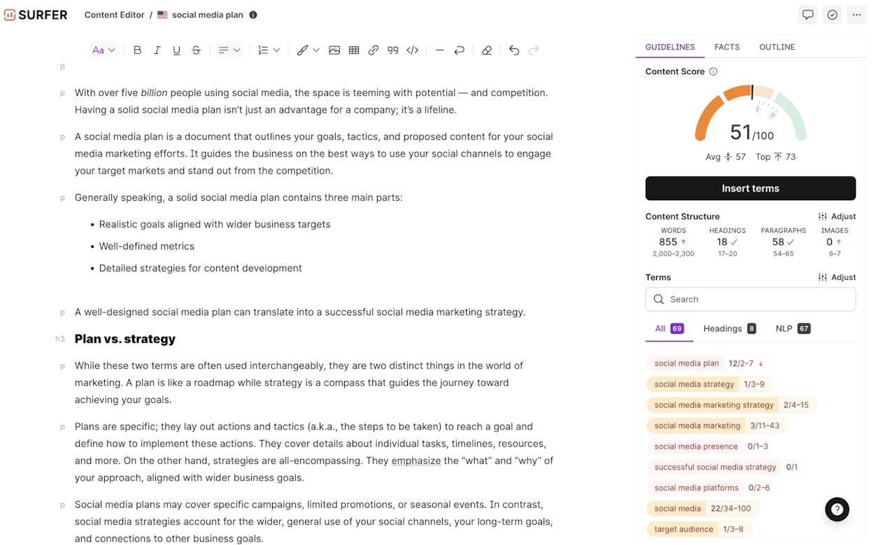 Surfer SEO Content Editor showing real-time optimization