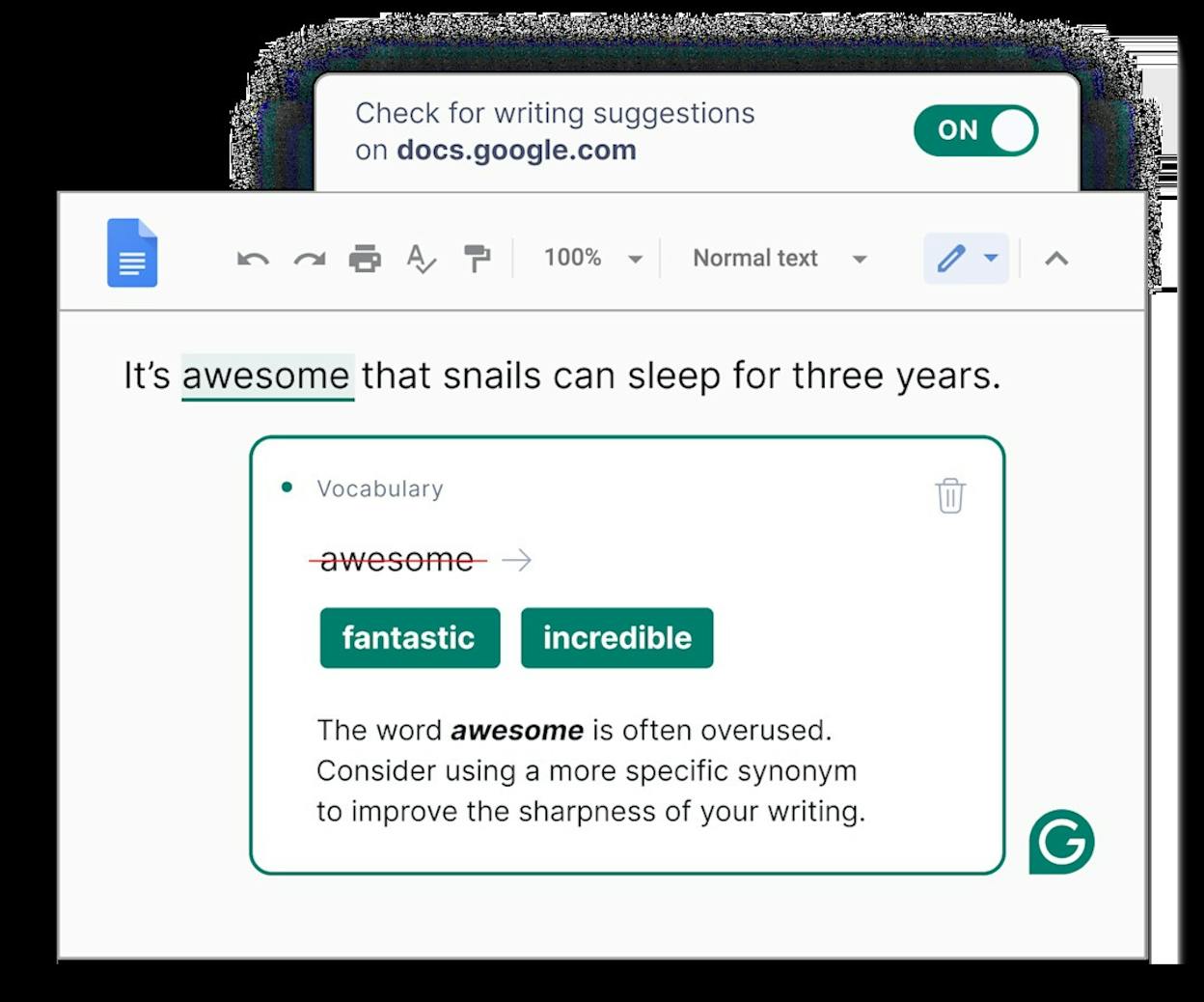 Grammarly sidebar inside a Google Doc showing grammar, clarity, and tone suggestions in real time.