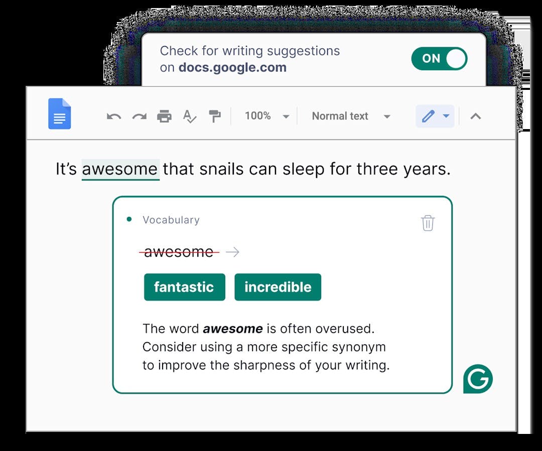 Grammarly sidebar inside a Google Doc showing grammar, clarity, and tone suggestions in real time.