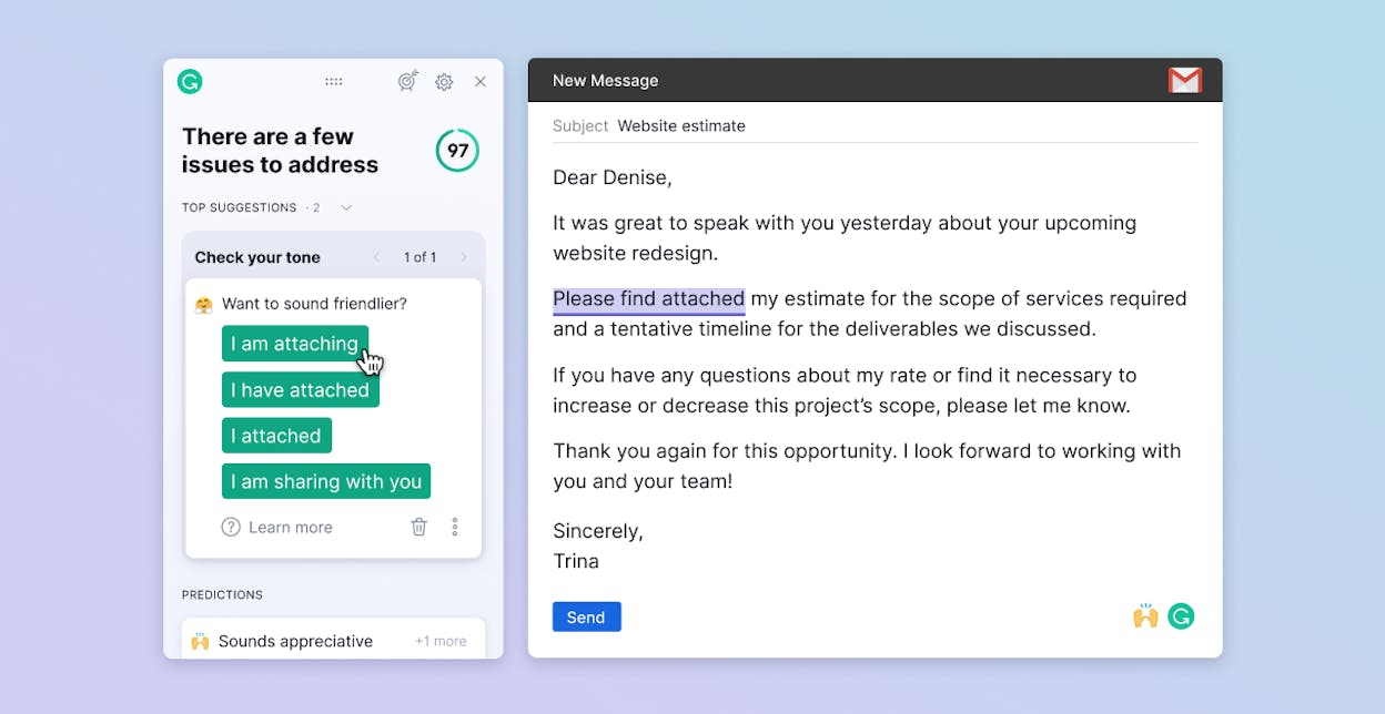 Grammarly tone detector showing &ldquo;confident, informal&rdquo; alongside a paragraph being edited