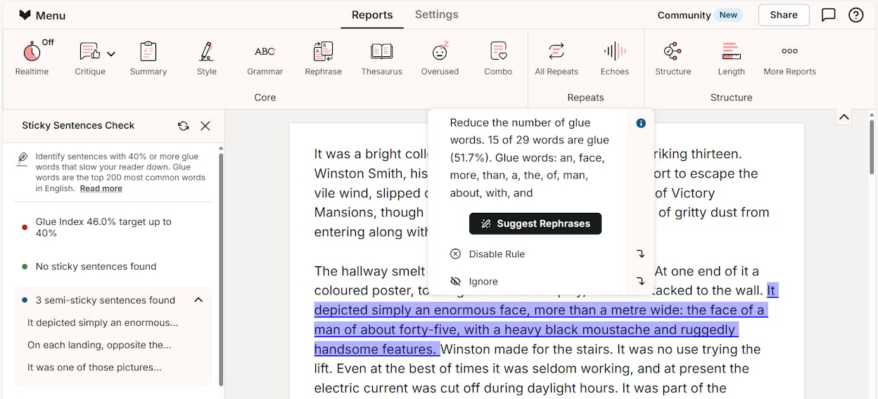 ProWritingAid analysis panel showing reports for repetition, sticky sentences, pacing, transitions, and readability