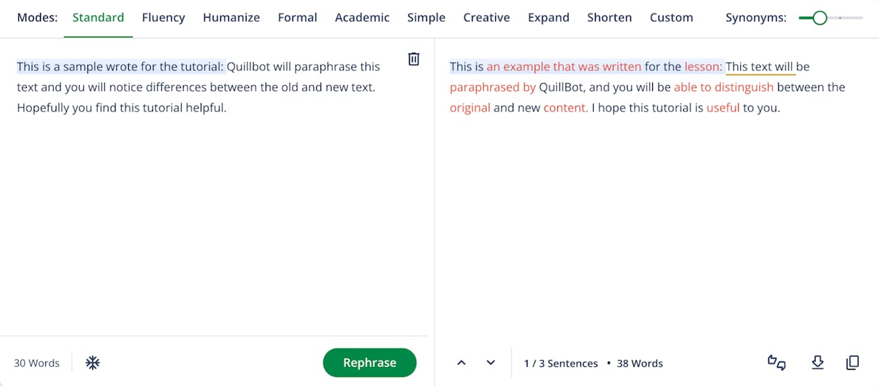 QuillBot Paraphraser interface showing original text on the left, paraphrased output on the right, with mode selectors (Standard, Fluency, Creative, Shorten).