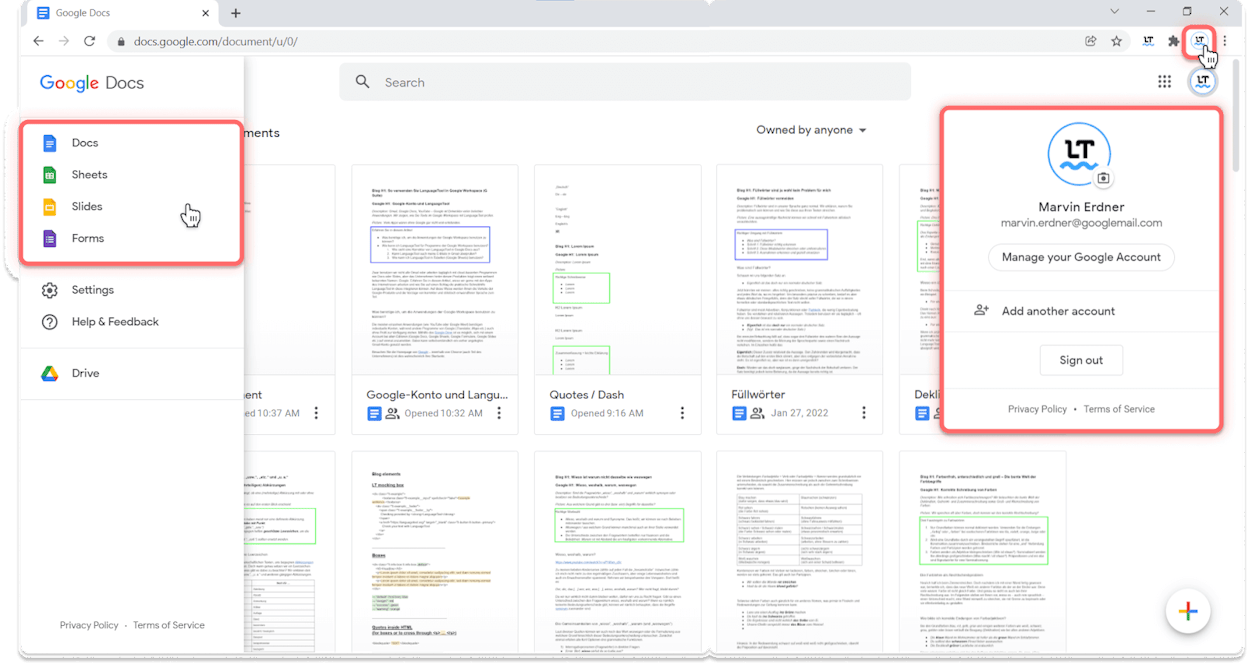 LanguageTool sidebar in Google Docs showing grammar suggestions in three different languages on the same document.