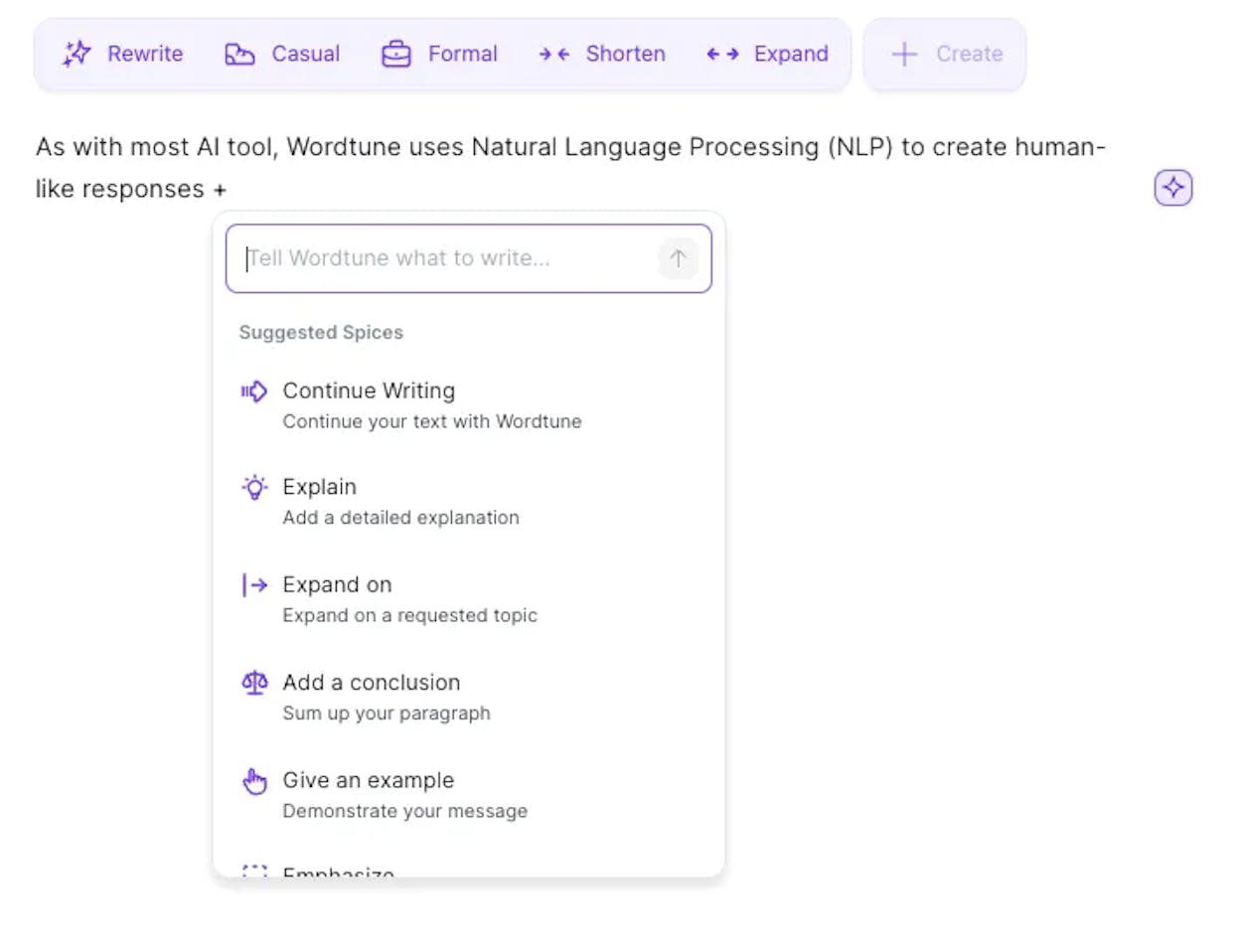 Wordtune sidebar showing multiple sentence rewrites with options to shorten, expand, or change tone.