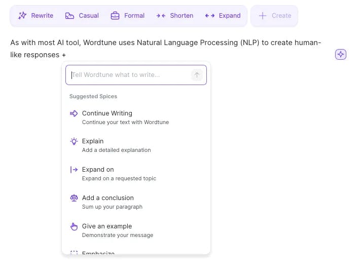 Wordtune sidebar showing multiple sentence rewrites with options to shorten, expand, or change tone.