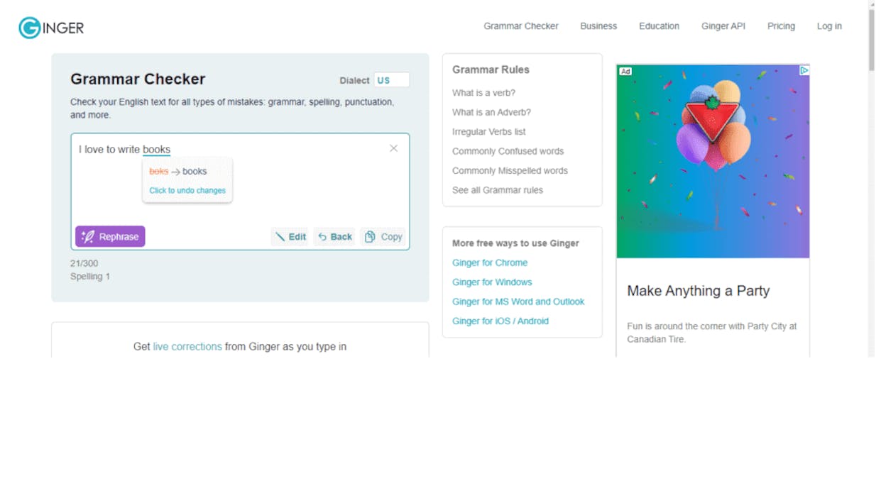 Ginger Software desktop interface showing full-sentence grammar correction and the sentence rephraser pane
