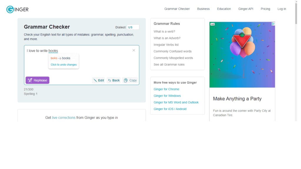 Ginger Software desktop interface showing full-sentence grammar correction and the sentence rephraser pane