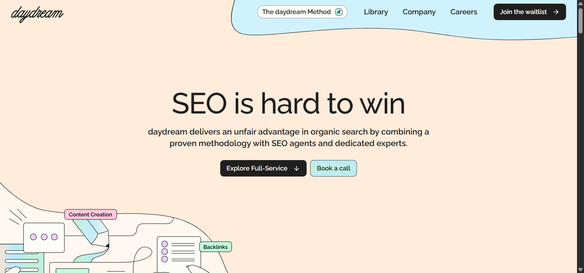 Daydream’s homepage showing their “SEO agents + dedicated experts” positioning