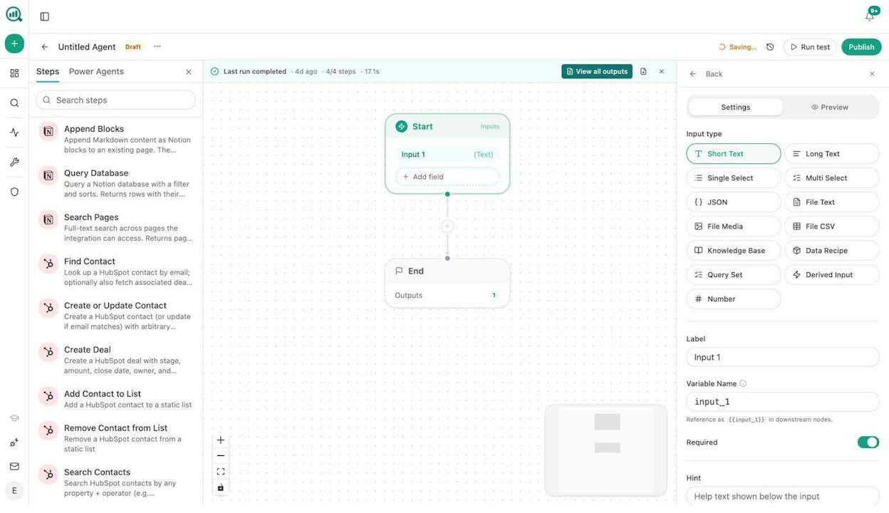 Agent Builder showing available nodes and workflow canvas