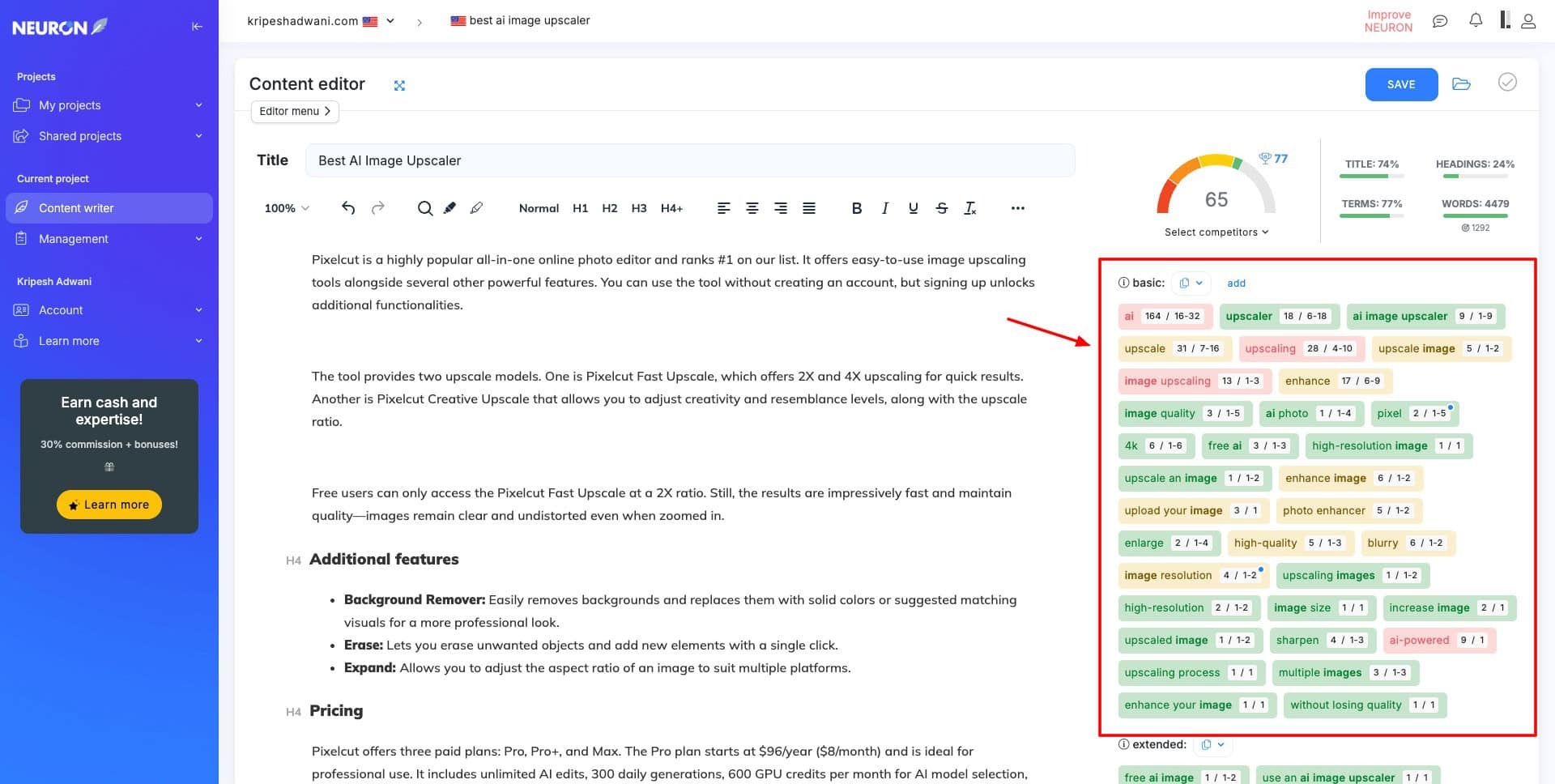 NeuronWriter’s content editor interface showing NLP term suggestions and content score